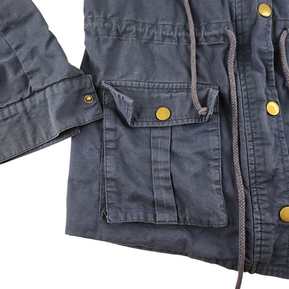 Navy Blue Cargo Jacket Womens Medium Gold Red Hooded Full Zip Utility Chore - Picture 7 of 16